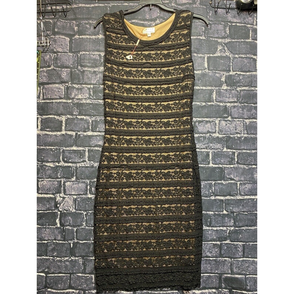 MSSP Bodycon‎ Dress Womens XL Black Tan Floral Lace Slip Layered Stretch